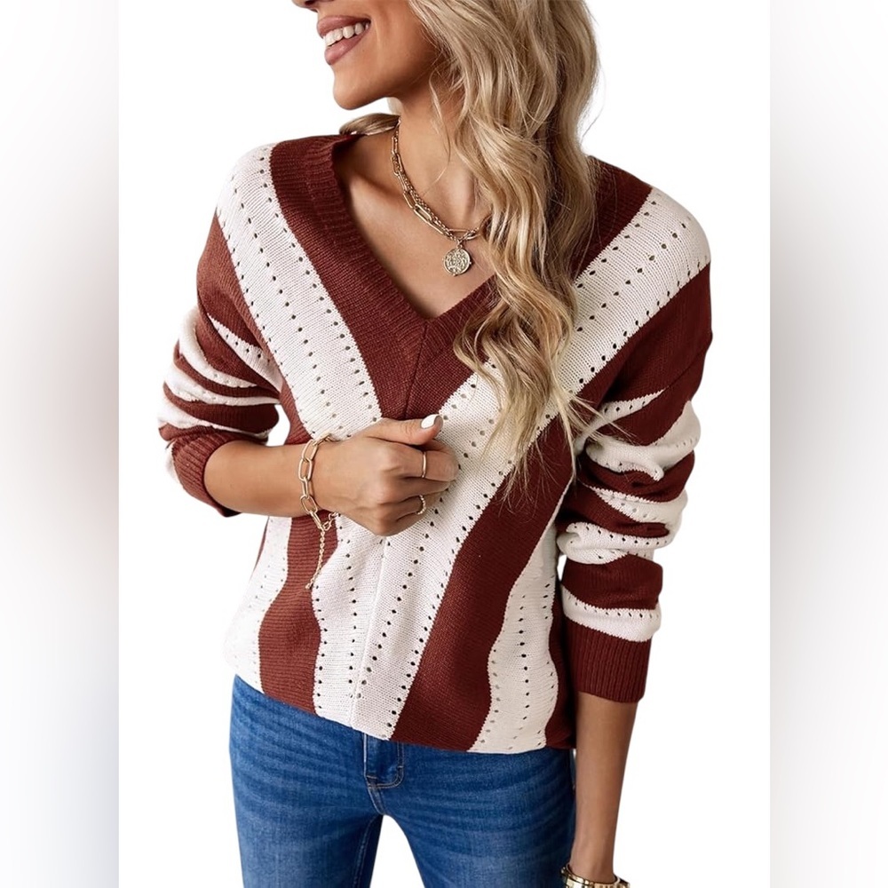 Rust Cream Chevron Pointelle V-Neck Sweater Size Small